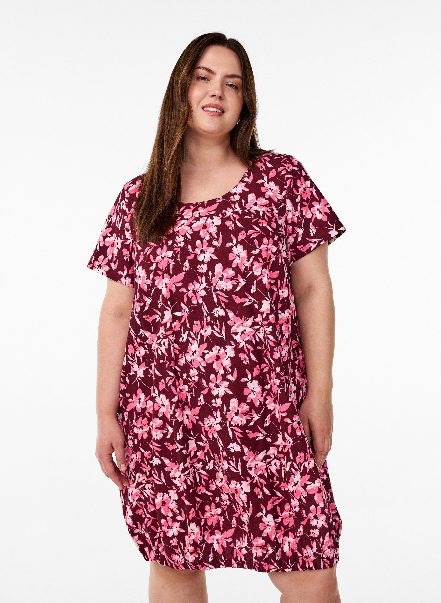 Katoenen jurk met korte mouwen en print, Donker Bordeaux, Model