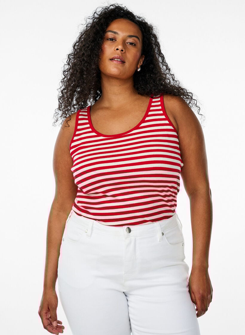 Gestreepte tanktop met een ribstructuur, Rood, Model image number 0
