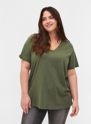 T-shirt en coton bio à col V, Thyme, Model image number 0