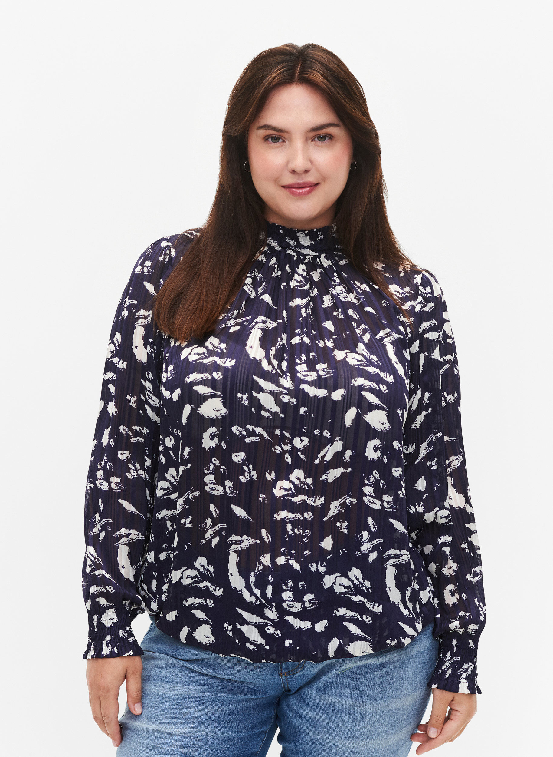 ZizziSmok blouse met print, Blue Leaf AOP, Model image number 0