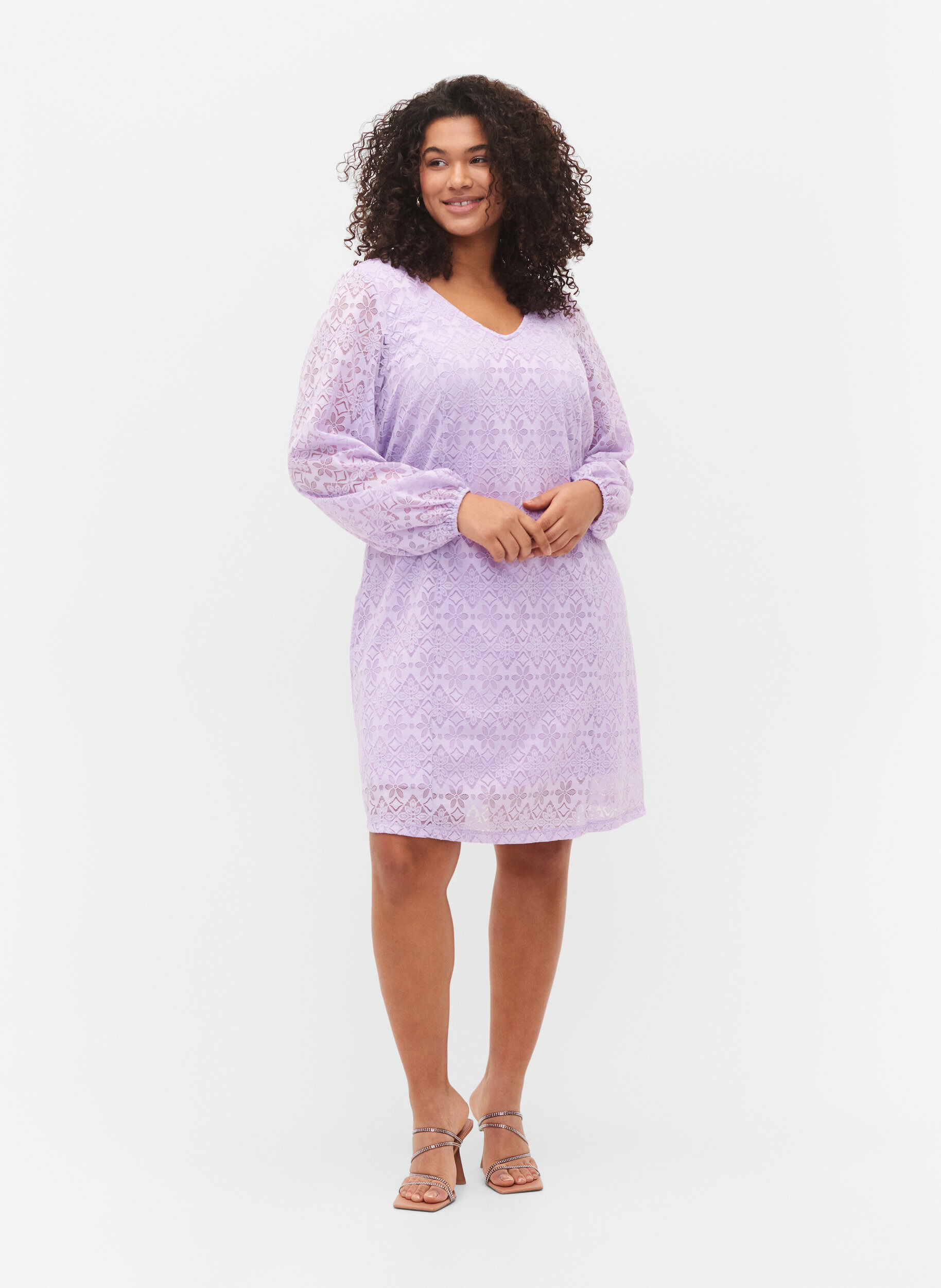 ZizziKanten jurk met v-snit en lange mouwen, Pastel Lilac, Model image number 3