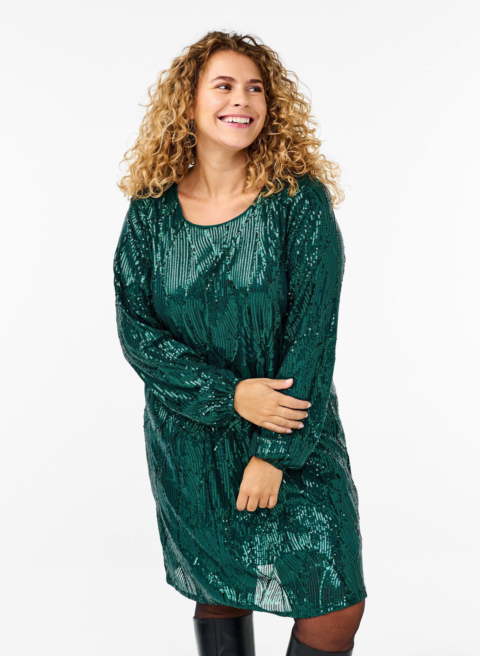 ZizziLange mouwen paillettenjurk met patronen, Rain Forest, Model image number 0