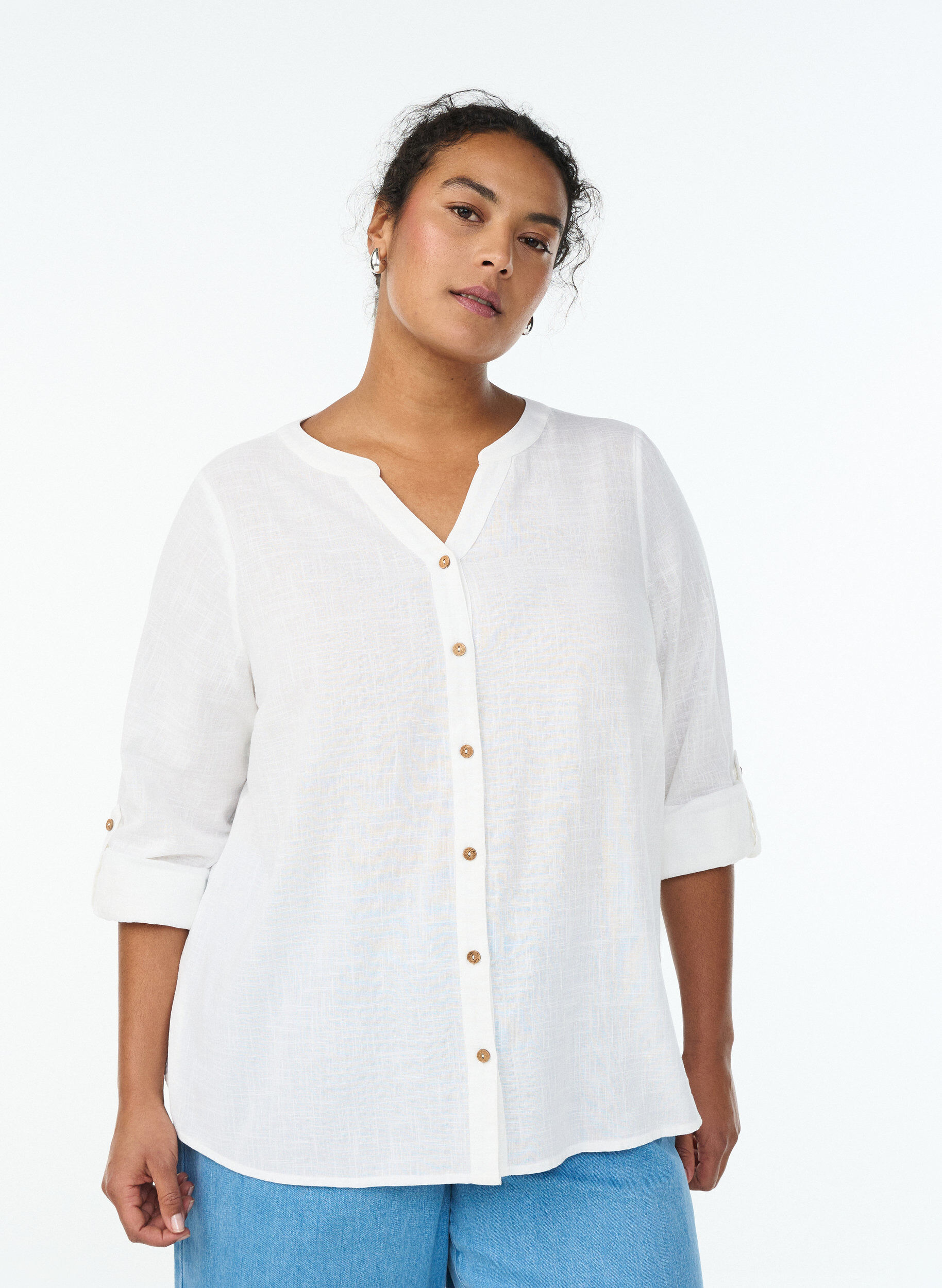 ZizziKatoenen blouse met V-hals, Wit, Model image number 0