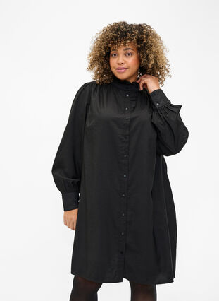 Robe chemise en viscose avec volants, Black, Model image number 0