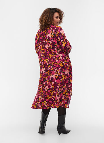 Viscose jurk met 3/4 mouwen en bloemenprint, Hot Pink Flower, Model image number 1