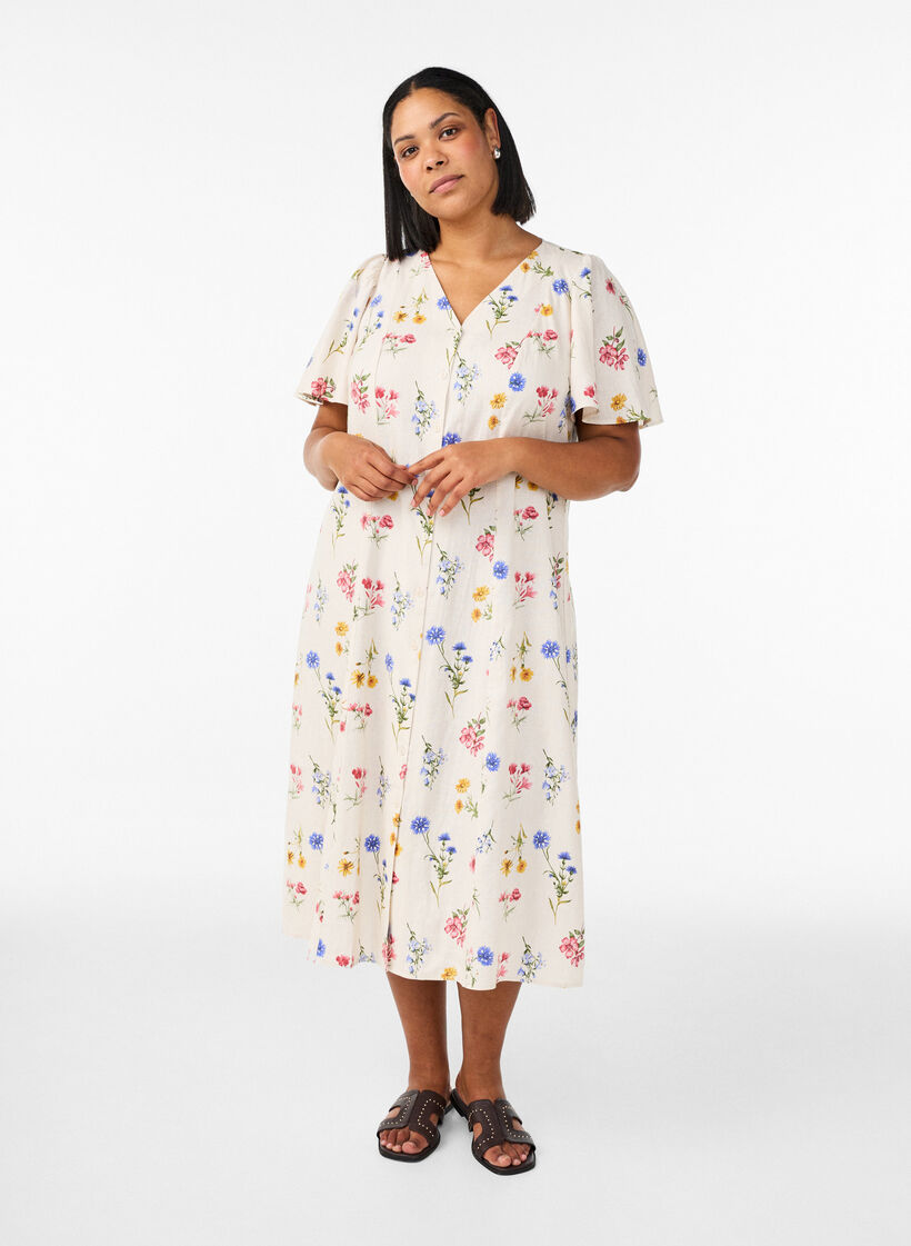 Robe midi en lin et viscose avec manches &agrave; volants, Beige, Model image number 0