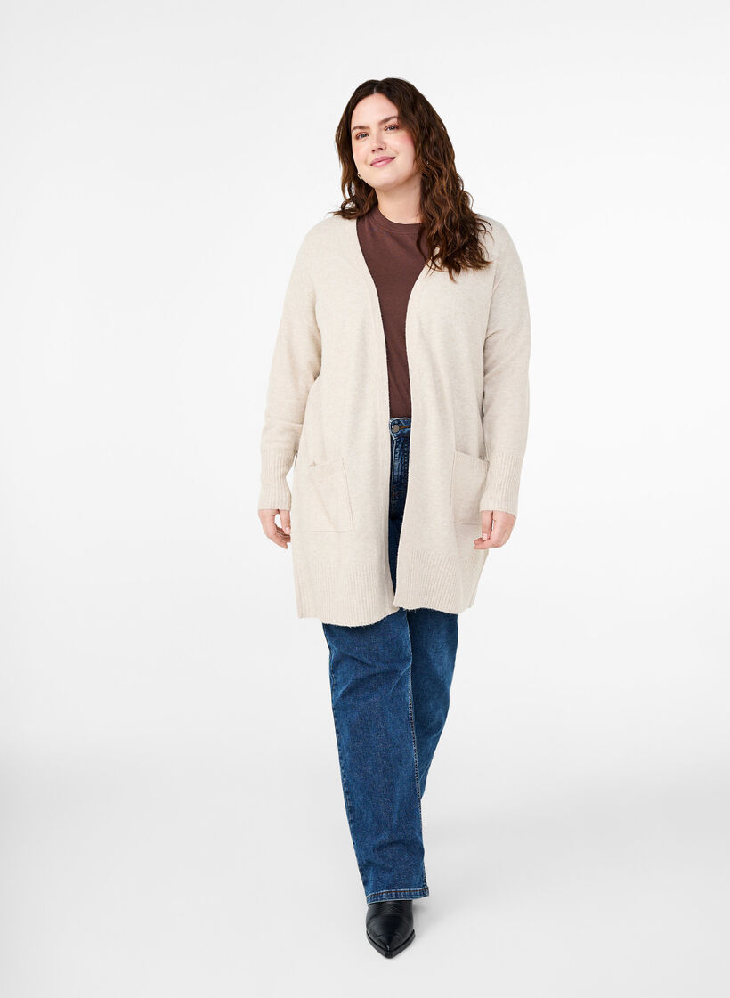 Geribd gebreid vest met zakken, Beige, Model image number 1