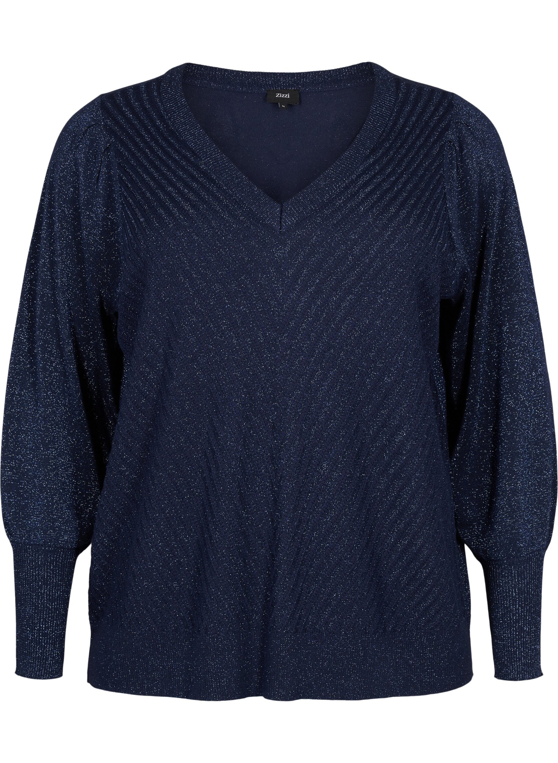 ZizziGebreide blouse met glitter en V-hals, Naval A.w.Blue Lurex, Packshot image number 0