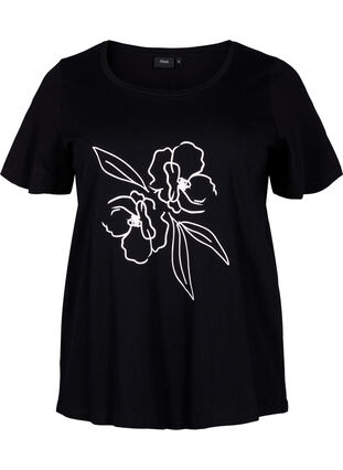 Katoenen T-shirt met motief, Black w. Flower, Packshot image number 0