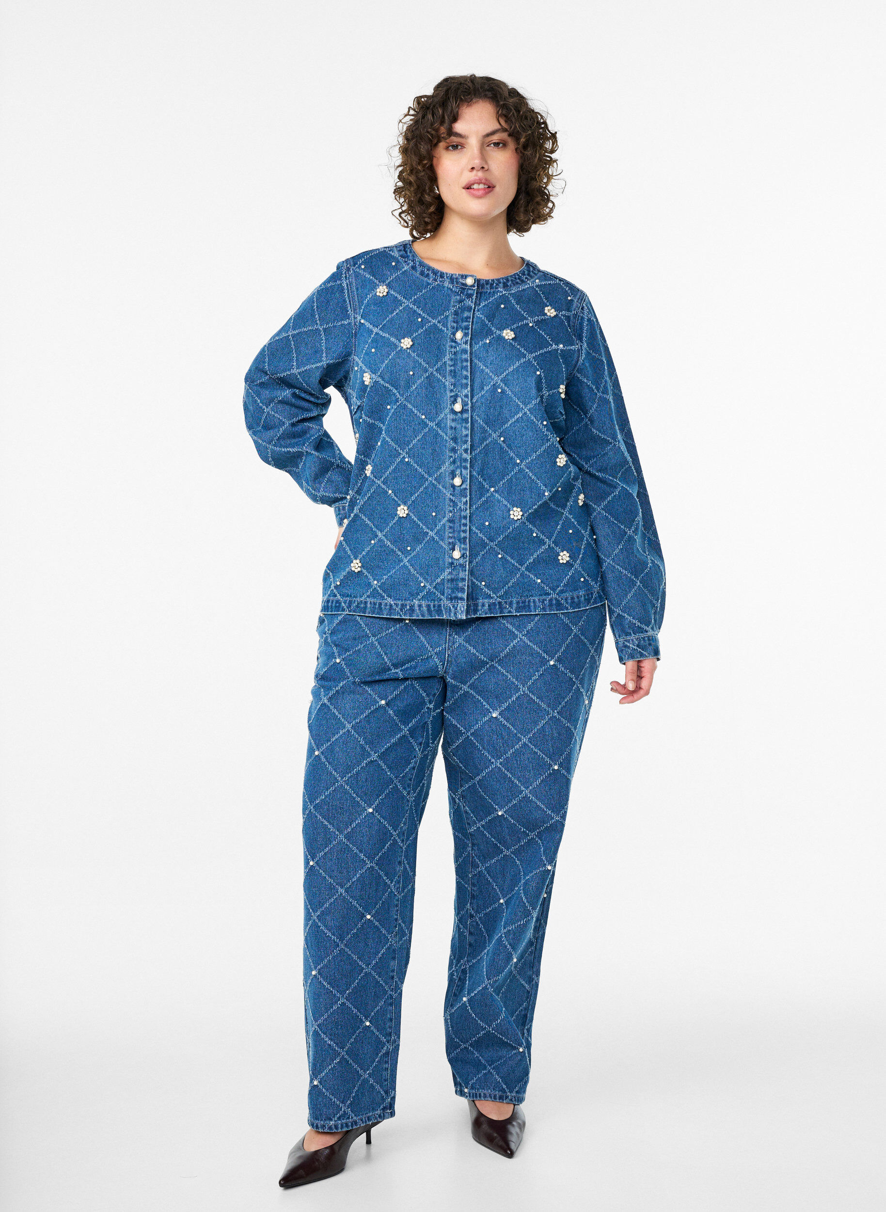 ZizziDenim blouse met destroyed patroon en pareldetails, Blauw, Model image number 1