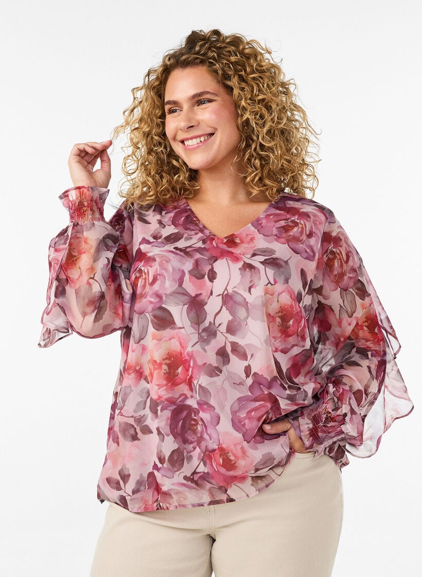 Blouse met bloemenprint, V-hals en ruches mouwen, Roze, Model image number 0