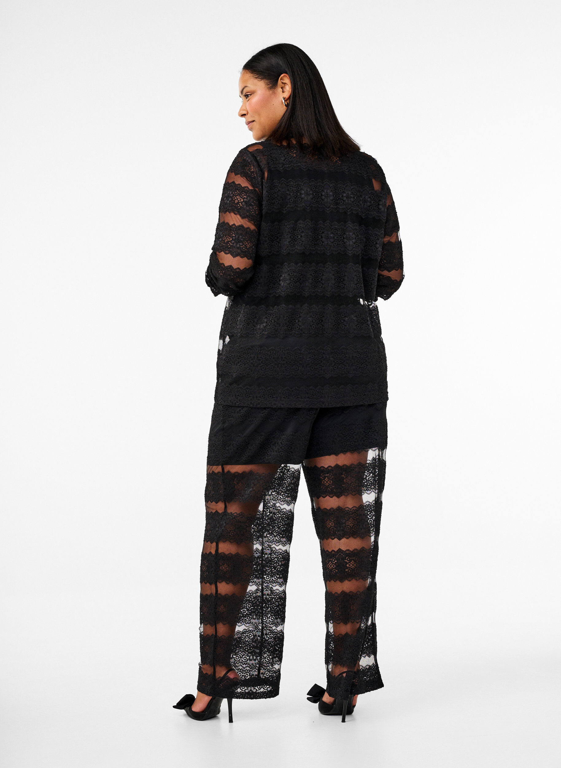 ZizziLuchtige broek met kant en doorschijnend mesh, Black, Model image number 1