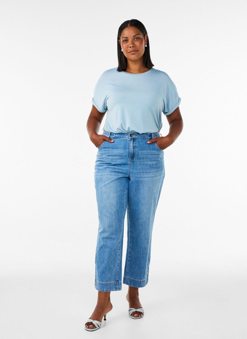 Viscose T-shirt met glitterstrepen, Blauw, Model image number 1
