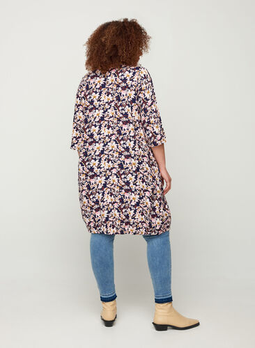 Viscose jurk met 3/4 mouwen, Blue/Pink Flower, Model image number 1