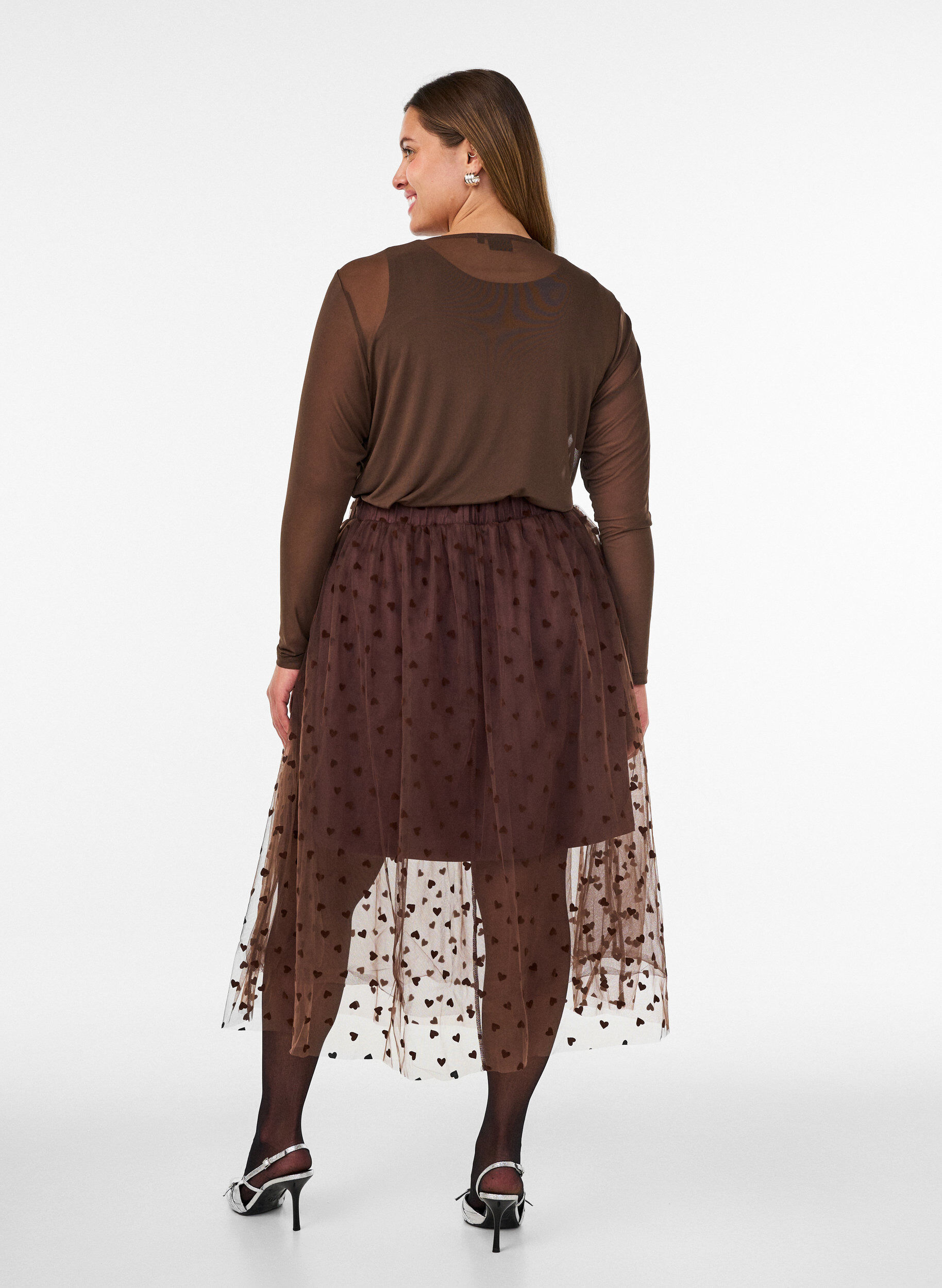 ZizziJupe midi en tulle avec des c&oelig;urs, Marron, Model image number 2