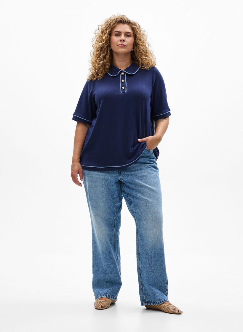 Polo en jersey avec finitions contrastées, Bleu, Model image number 1