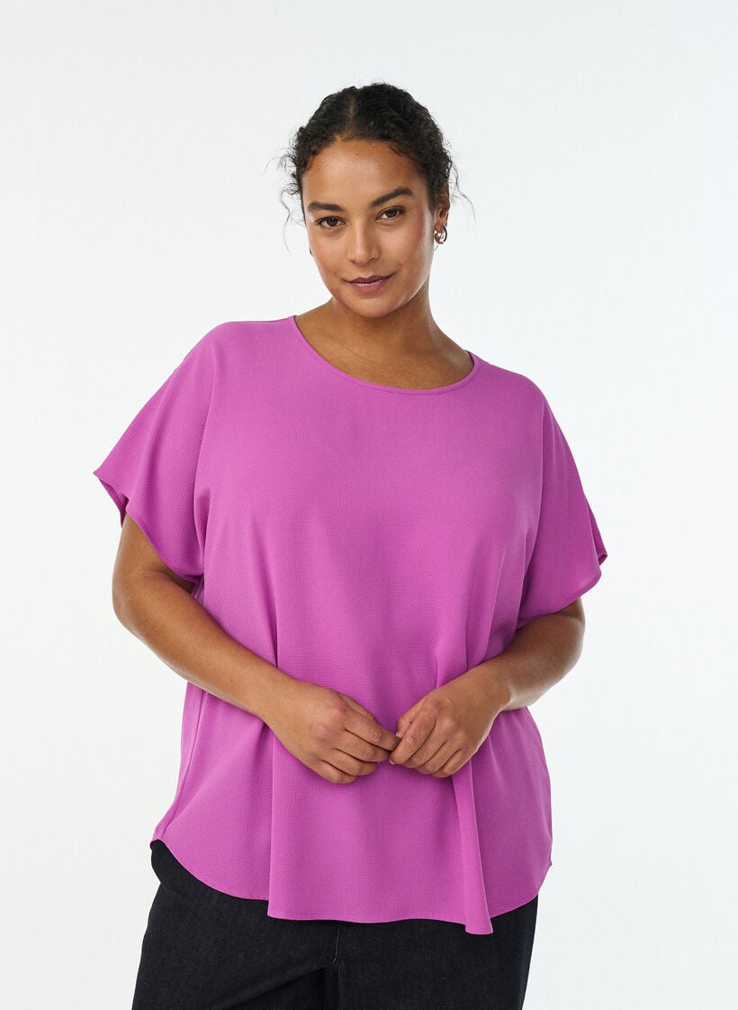Blouse &agrave; manches courtes et encolure ronde, Violet, Model image number 0