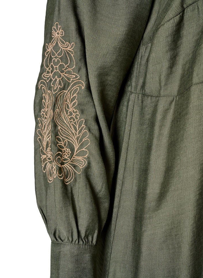 Viscose jurk met borduurwerk en stroken met ruches, Groen, Packshot image number 3