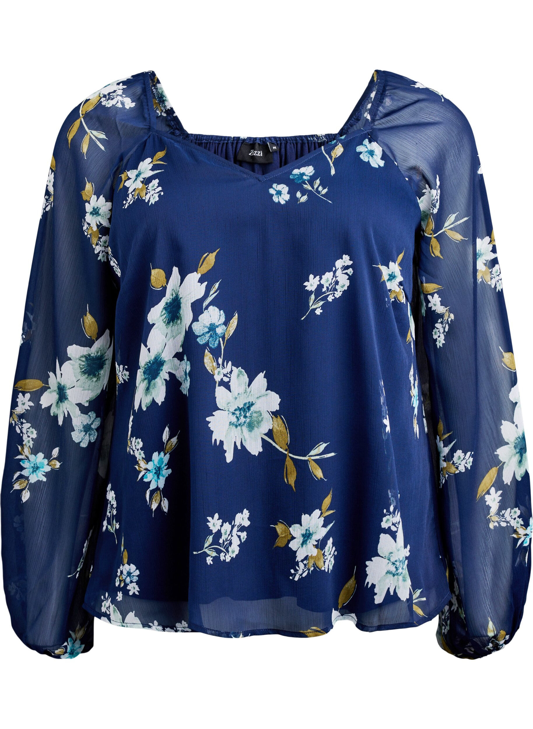 ZizziChiffon blouse met bloemenprint en lange mouwen, Blauw, Packshot image number 0