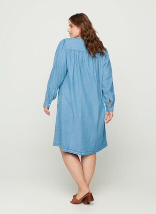 Denim jurk met pofmouwen en lange mouwen, Blue denim ASS, Model image number 0
