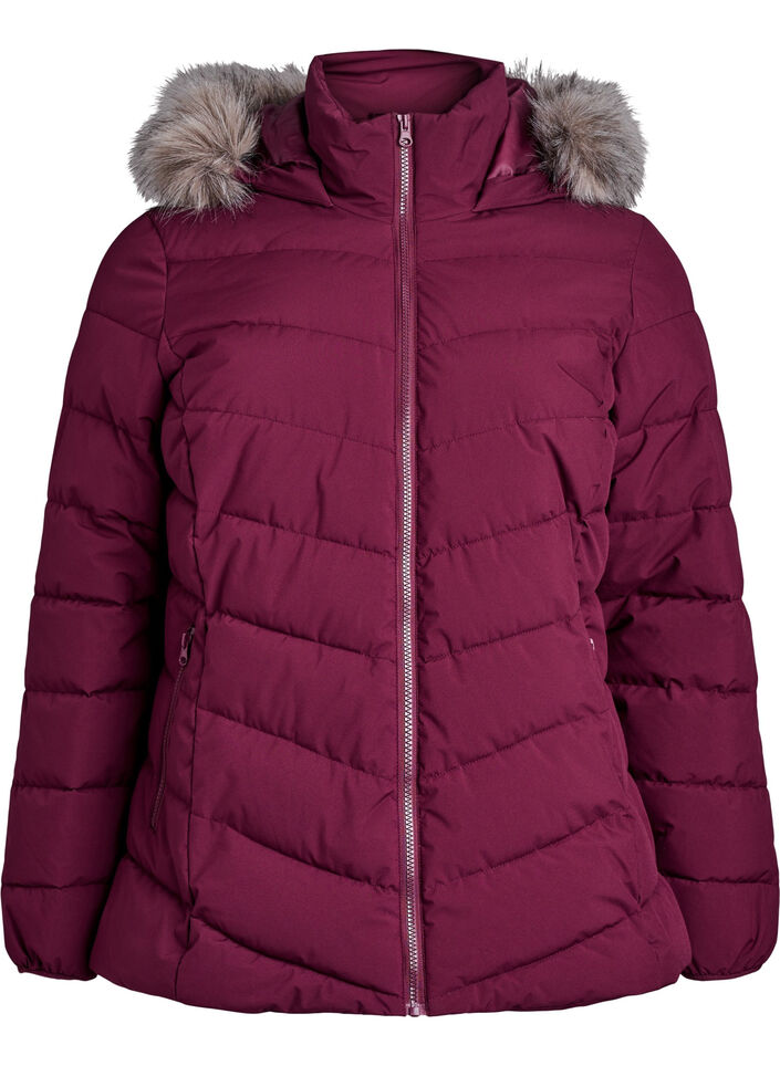 Kort pufferjack met capuchon, Donker Bordeaux, Packshot image number 0
