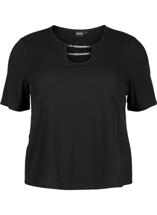 Geribde blouse met ketting detail, Black, Packshot image number 0