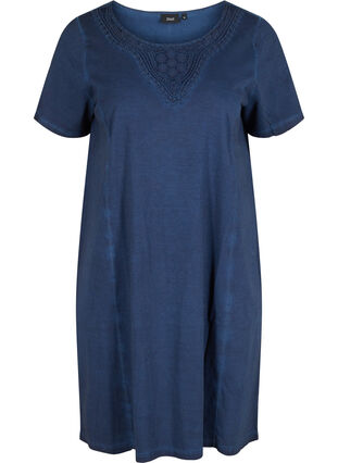 Robe avec détails en dentelle et manches courtes, Blue Washed , Packshot image number 0