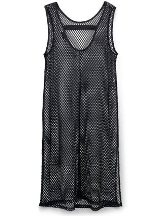 Mouwloze jurk van mesh met split, Black, Packshot image number 1