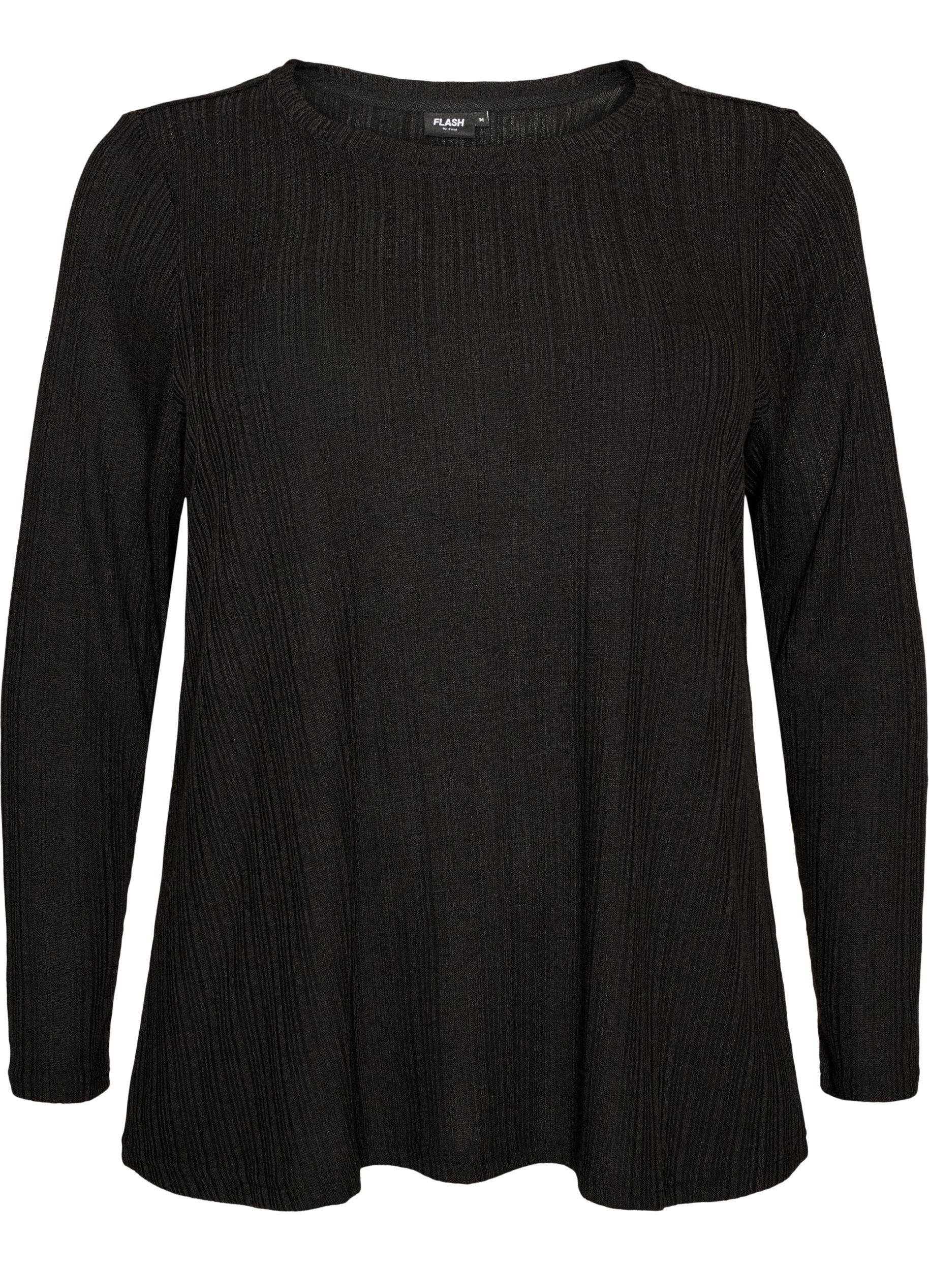 ZizziJersey blouse met geribde structuur en lange mouwen, Zwart, Packshot image number 0