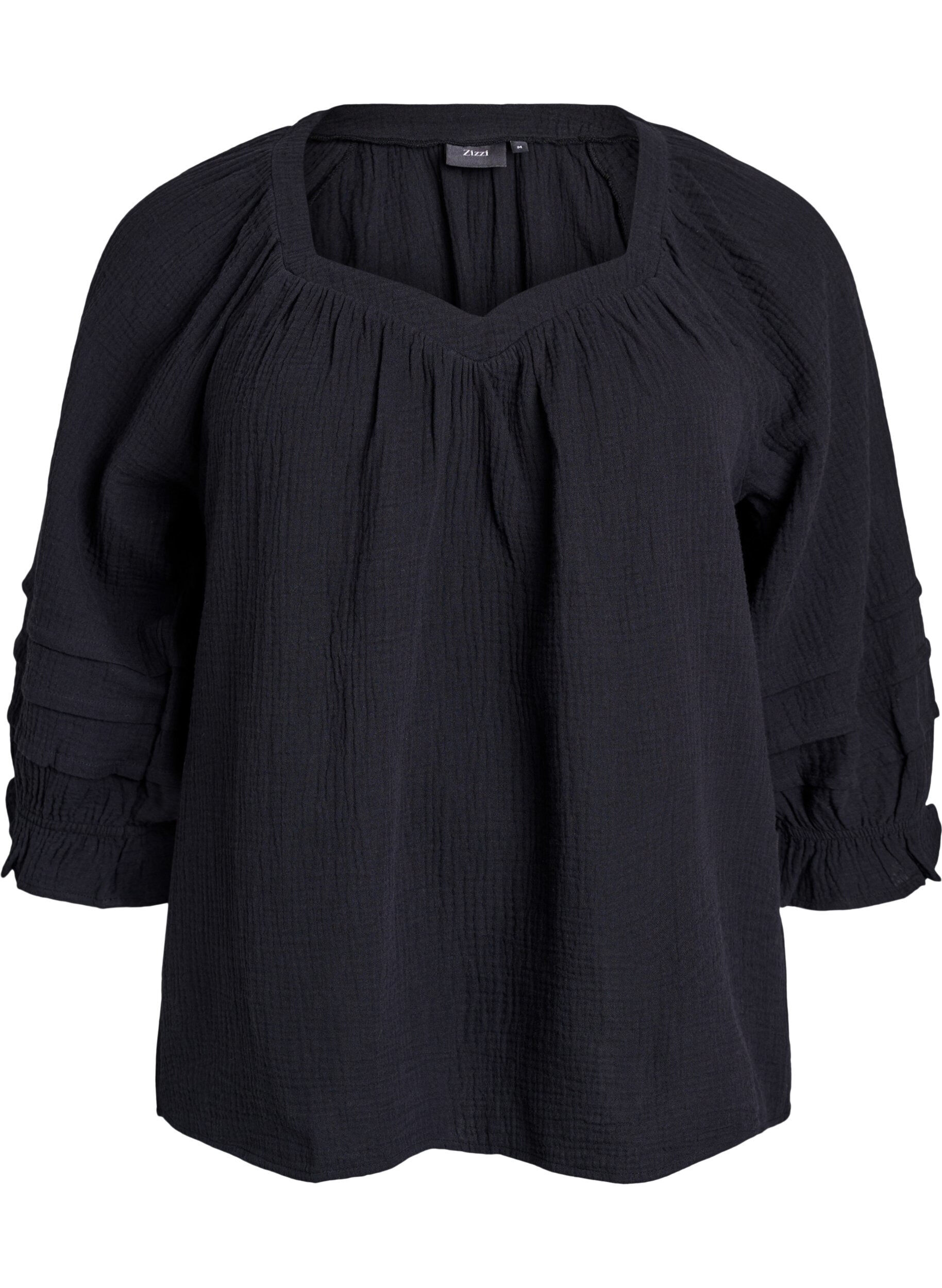 ZizziKatoenen mousseline blouse met 3/4 mouwen, Black, Packshot image number 0