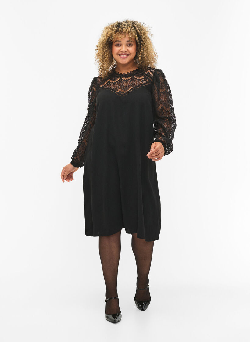 Robe à manches longues avec dentelle, Black, Model image number 3