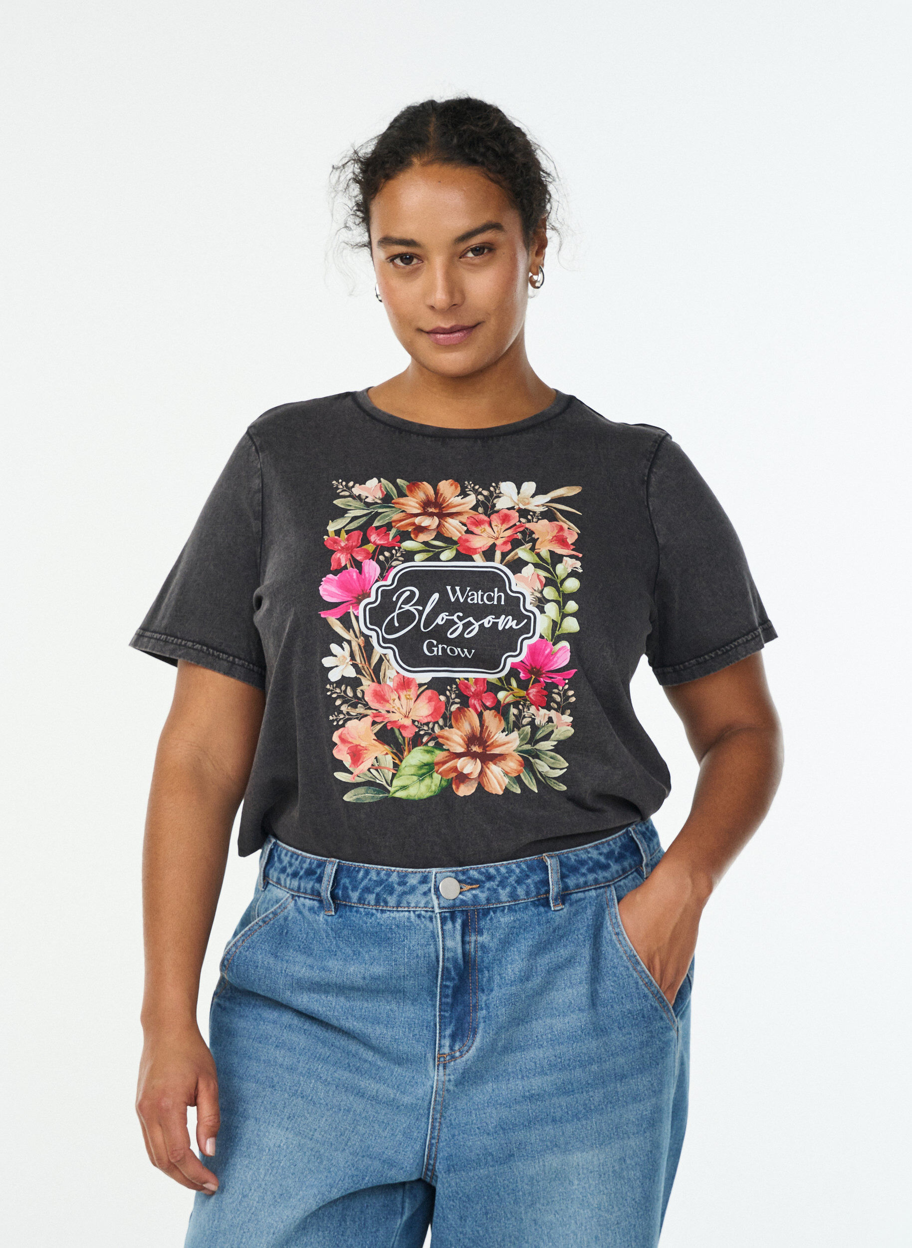 Organisch katoenen T-shirt met print, Grijs, Model