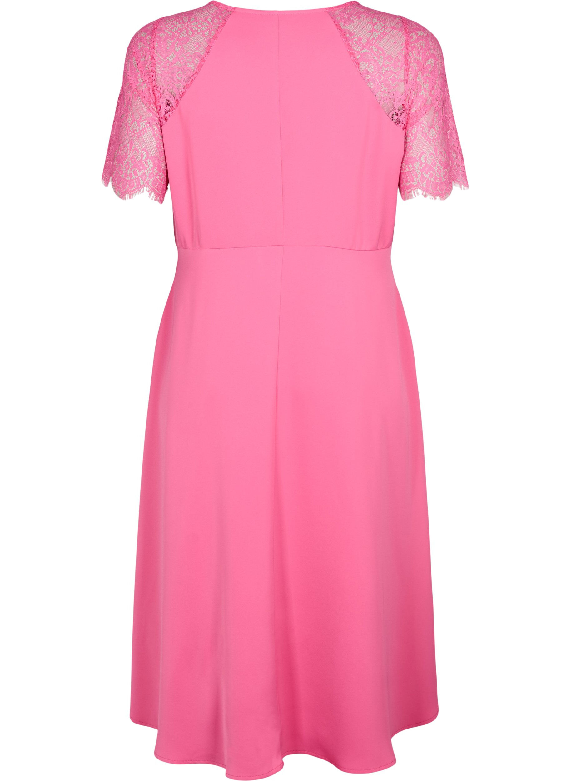 Zizzi Robe midi &agrave; manches courtes en dentelle, Shocking Pink, Packshot image number 1