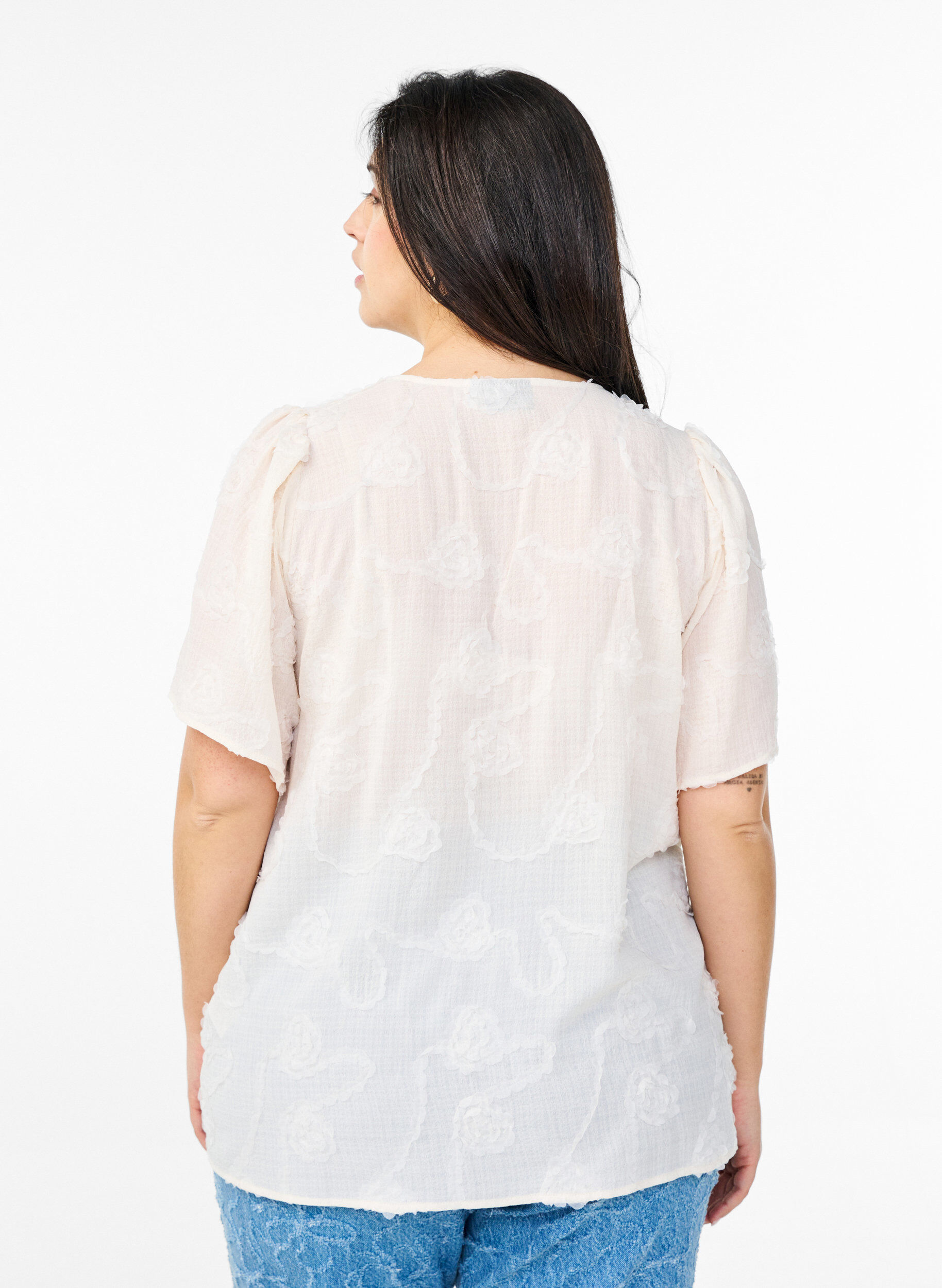 ZizziShirtblouse met korte mouwen en 3D-bloeimeffect, Beige, Model image number 2