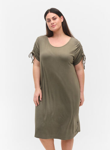 Viscose jurk met korte mouwen en koordjes, Dusty Olive, Model image number 0