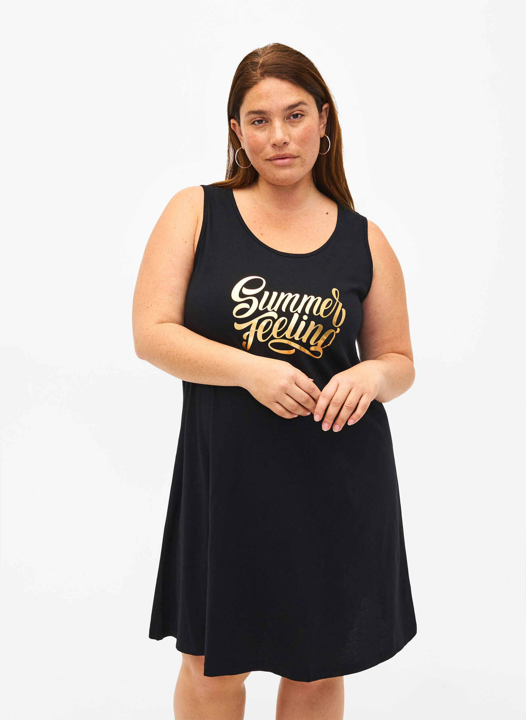 Zizzi Robe sans manches en coton avec forme en A, Black W. Summer, Model image number 0