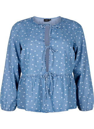 Denim peplum blouse met striksluiting, Light Blue w.Flowers, Packshot image number 0