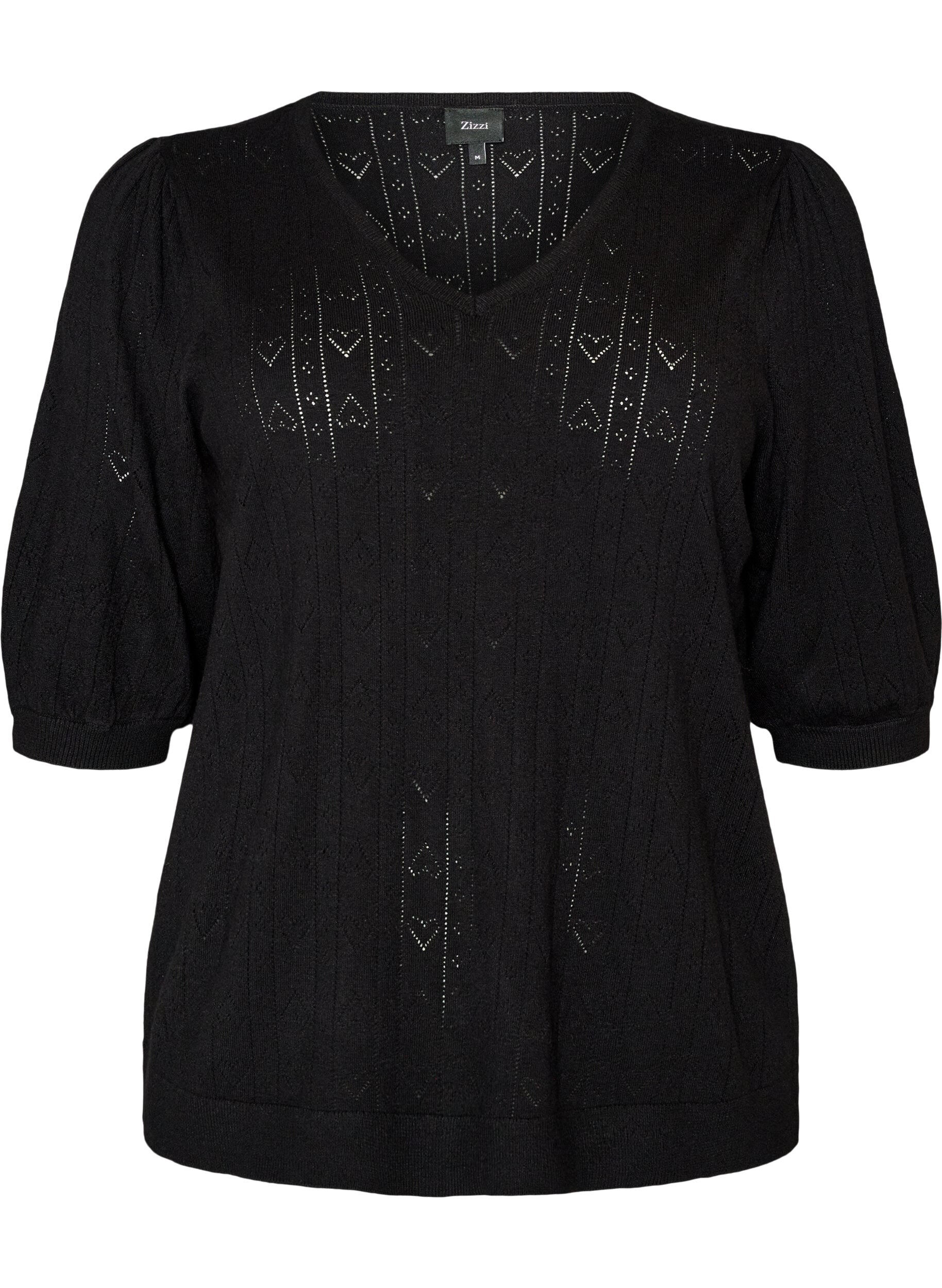 ZizziBlouse en maille pointelle &agrave; manches courtes, Noir, Packshot image number 0