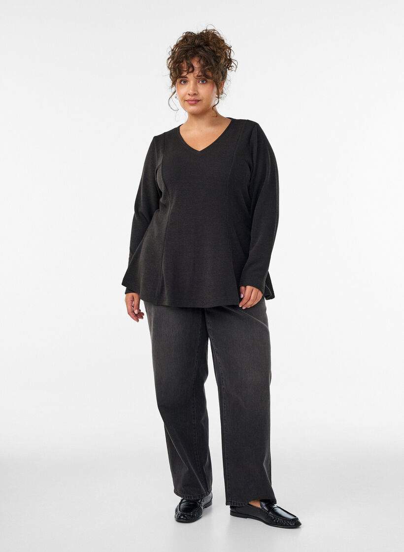 Jersey blouse met een geribde textuur en een A-lijn pasvorm, Zwart, Model image number 1