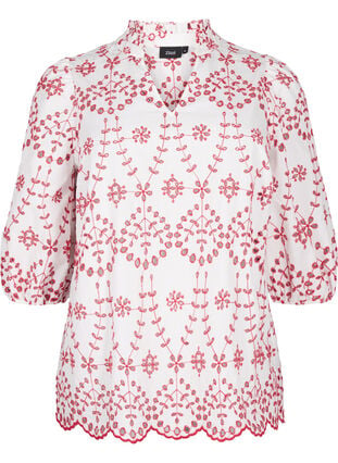 3/4 mouwen blouse met contrasterend broderie anglaise, White w. Red, Packshot image number 0