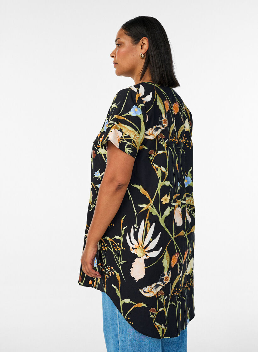 Katoenen tuniek met een bloemenprint, Zwart, Model image number 2