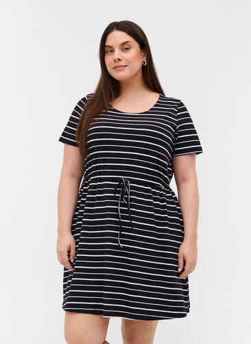 Tunique en coton à manches courtes, Black/White Stripe , Model image number 0
