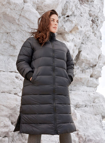 Long, lightweight, quilted winter jacket, Black, Image image number 1