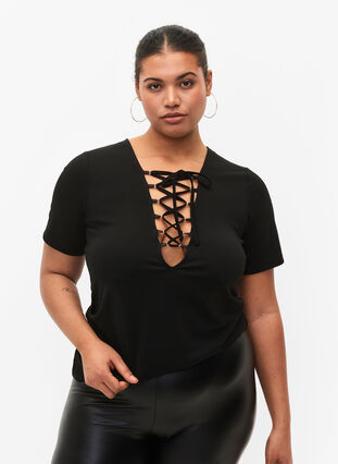 Omkeerbare blouse met trekkoord, Black, Model image number 0