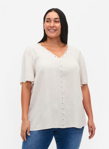 Viscose-linnen blouse met borduurwerk, Moonbeam, Model image number 0