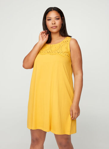 Jurk met broderie anglaise, MINERAL YELLOW, Model image number 0