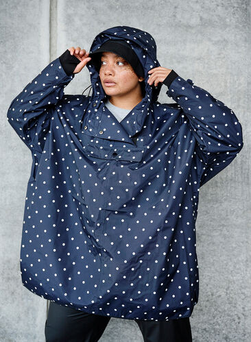 Poncho de pluie avec capuche et imprimé, Black w/ white dots, Image image number 0