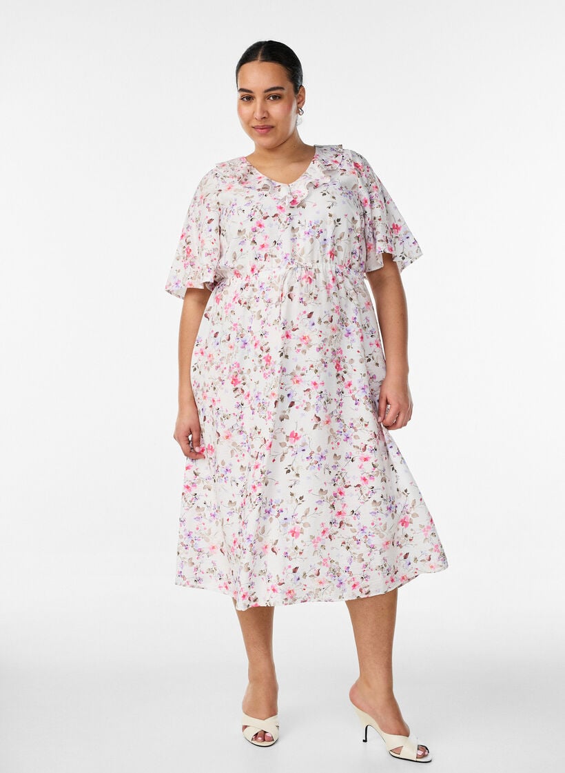 Robe midi en viscose avec imprim&eacute; fleuri et col &agrave; volants, Vanille, Model image number 0