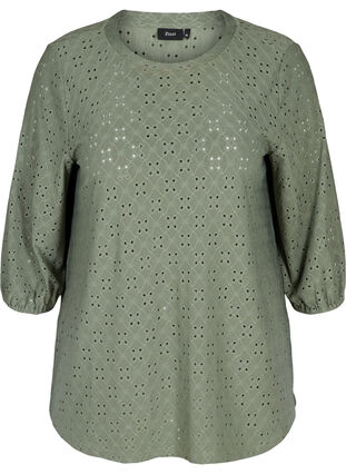 Blouse à manches 3/4 et broderie anglaise, Agave Green, Packshot image number 0