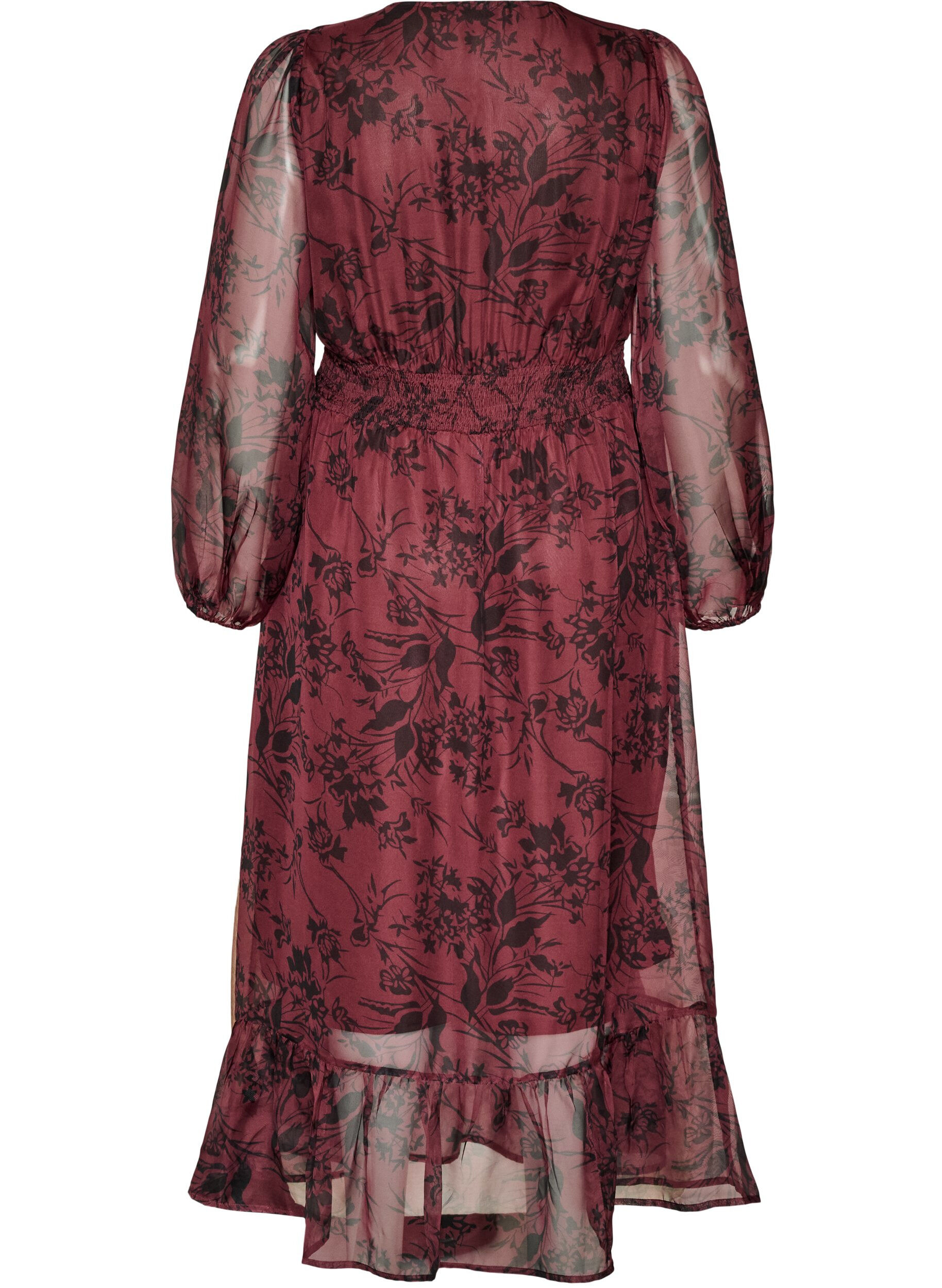 ZizziMaxi-jurk met bloemenprint en smokwerk, Donker Bordeaux, Packshot image number 1